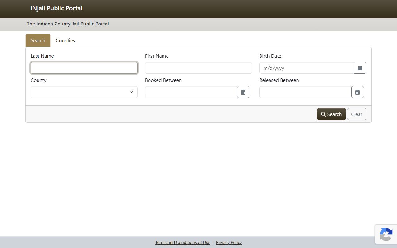 Spencer County inmate records search fields in the Indiana County Jail Public Portal