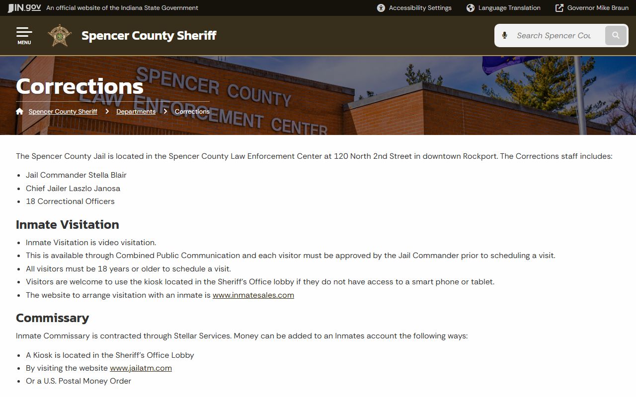 Spencer County Jail corrections page for inmate visitation commissary and programs